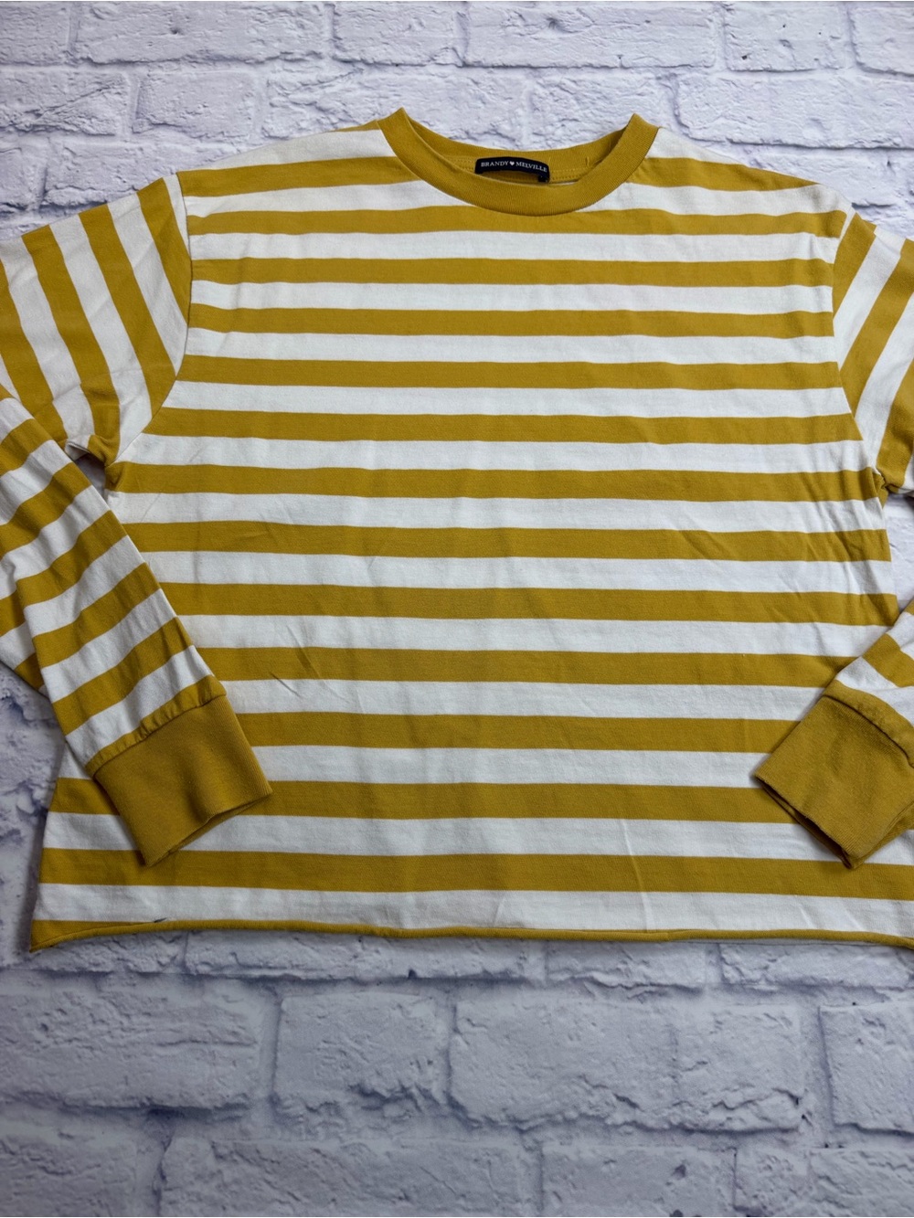 Brandy Melville Mustard Yellow and White Striped Crewneck Long Sleeve. Size M. - Picture 3 of 7
